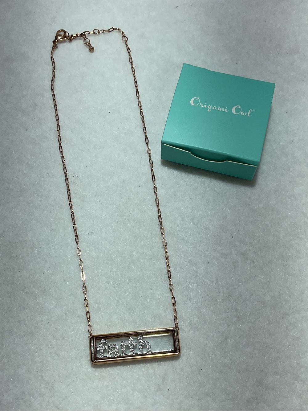 Origami Owl Rose Gold Bar Living Locket Necklace with Faith Window Bar